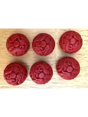 6 Deep Red Cinnabar 3D Carved Beads